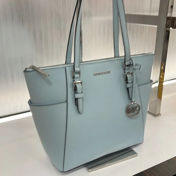 MICHAEL KORS Charlotte Large Leather Top-Zip ToteVista Blue NWT